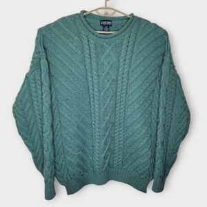 Vtg Lands End Wool Fisherman Chunky Cable Knit XL Seafoam Green